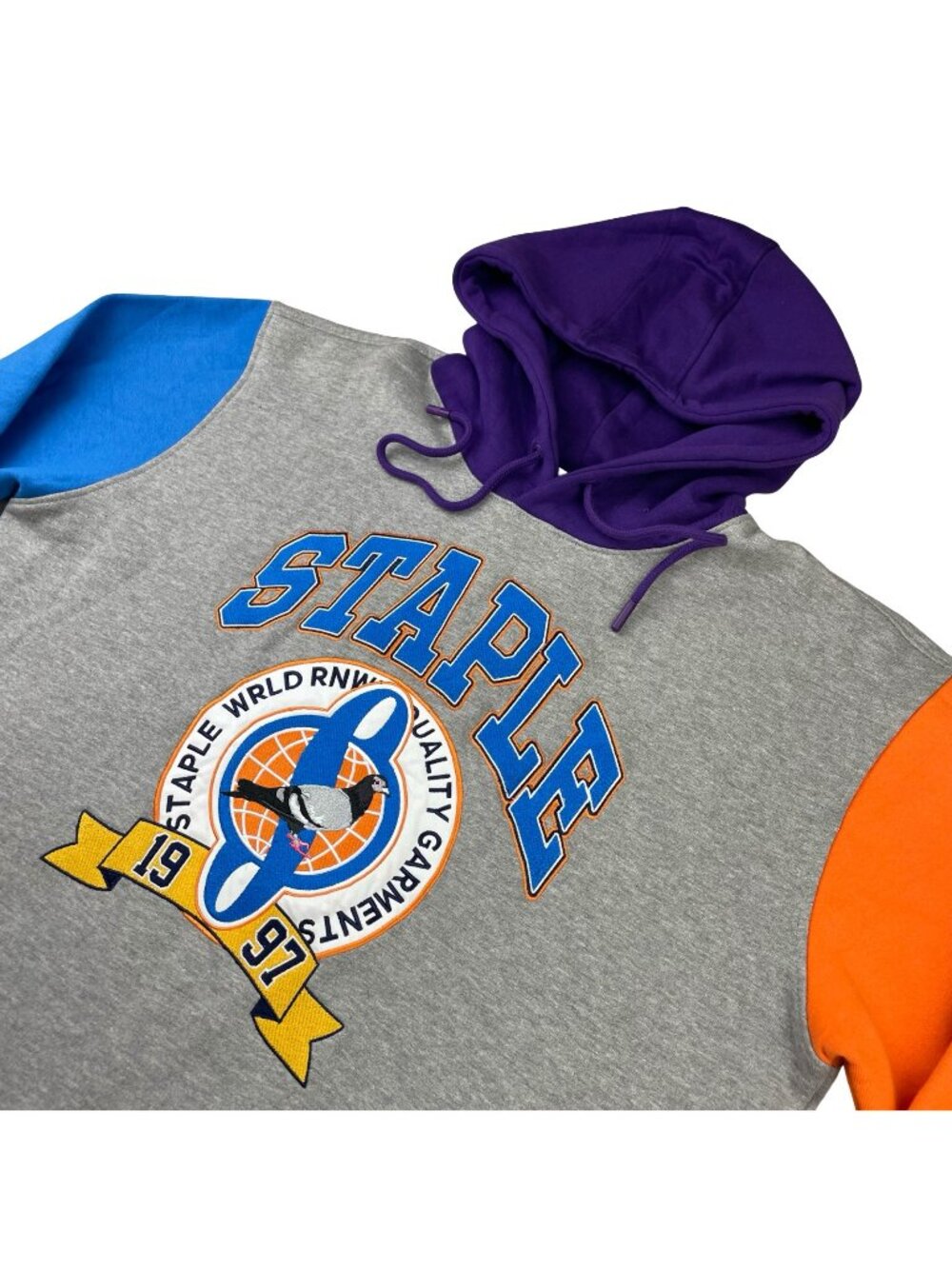 Staple Men’s Pigeon Pullover Hoodie Gray/Orange/Purple/Blue Colorblock • XL